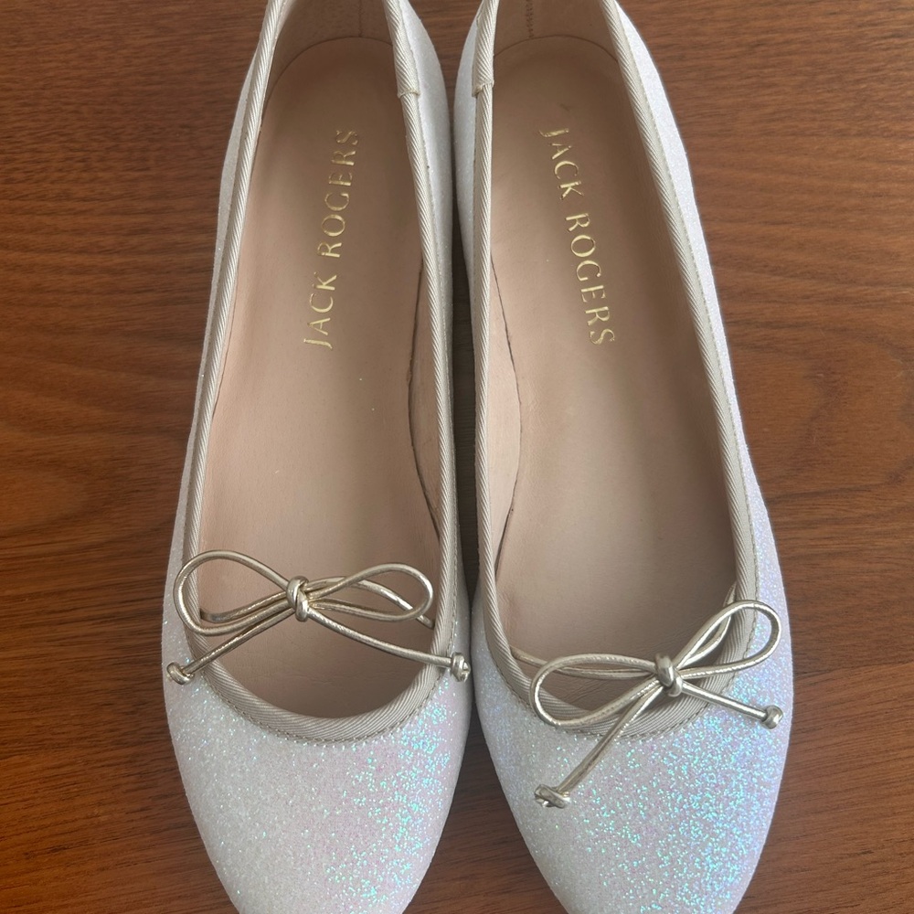 Jack Rogers White Glitter Flats with Bow Detail